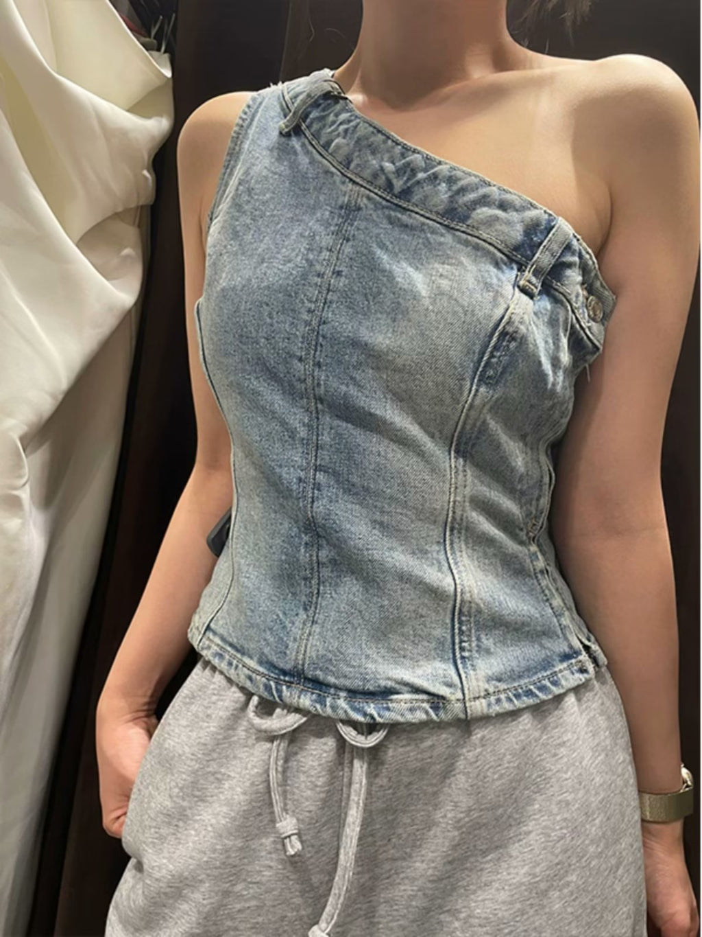 Women’s Blue Asymmetric Denim Tube Top
