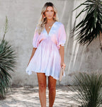 New Tie Dye Deep V A-Line Dolman Sleeve Dress