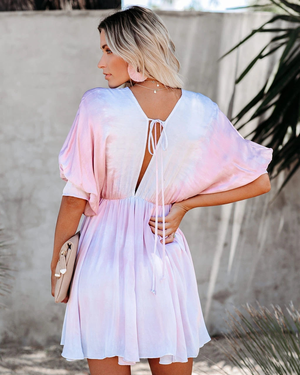 New Tie Dye Deep V A-Line Dolman Sleeve Dress