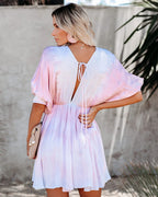 New Tie Dye Deep V A-Line Dolman Sleeve Dress