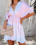 New Tie Dye Deep V A-Line Dolman Sleeve Dress