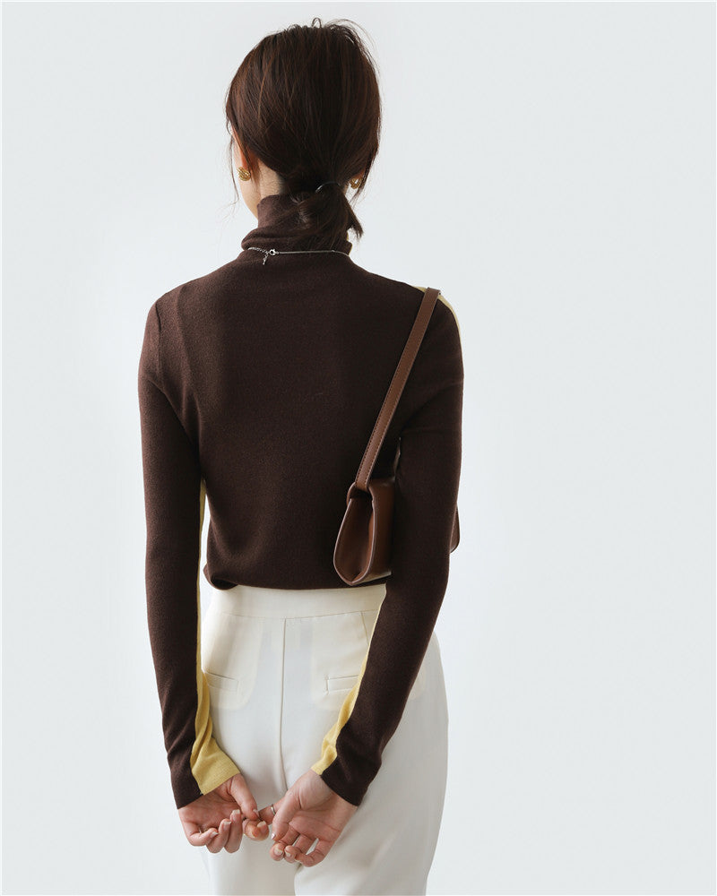 Women's Contrast Color Double Sided Wear Worsted Sweater Autumn Winter Pile Collar Turtleneck Base Sweater Inner Wear