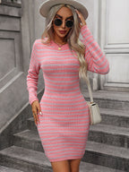 Autumn Winter Round Neck Knitwear Color Striped Pullover Midi Sweate