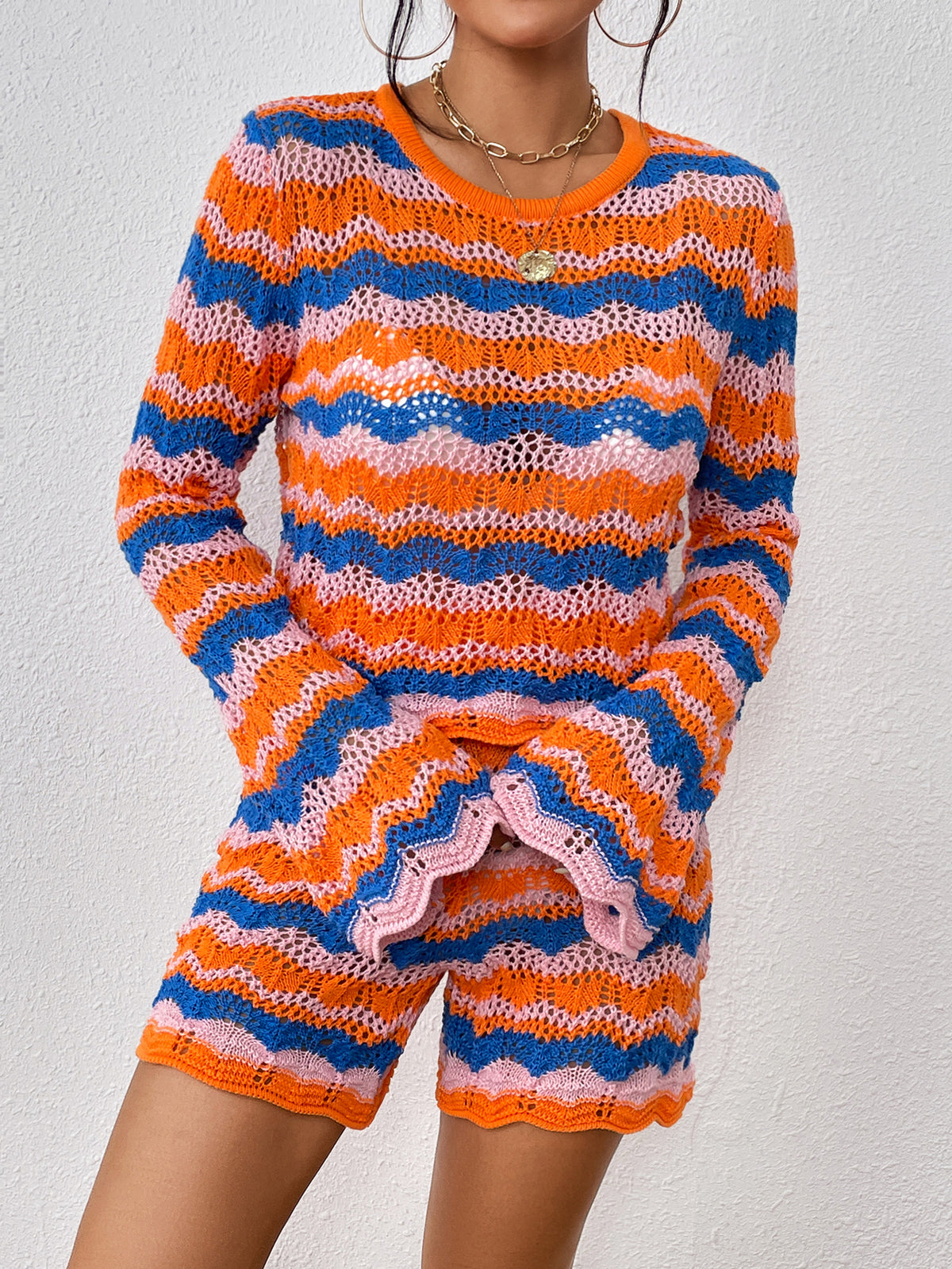 Autumn Winter Stitching Knitwear Loose Color Round-Neck Striped Sweater Two-Piece Set