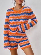 Autumn Winter Stitching Knitwear Loose Color Round-Neck Striped Sweater Two-Piece Set