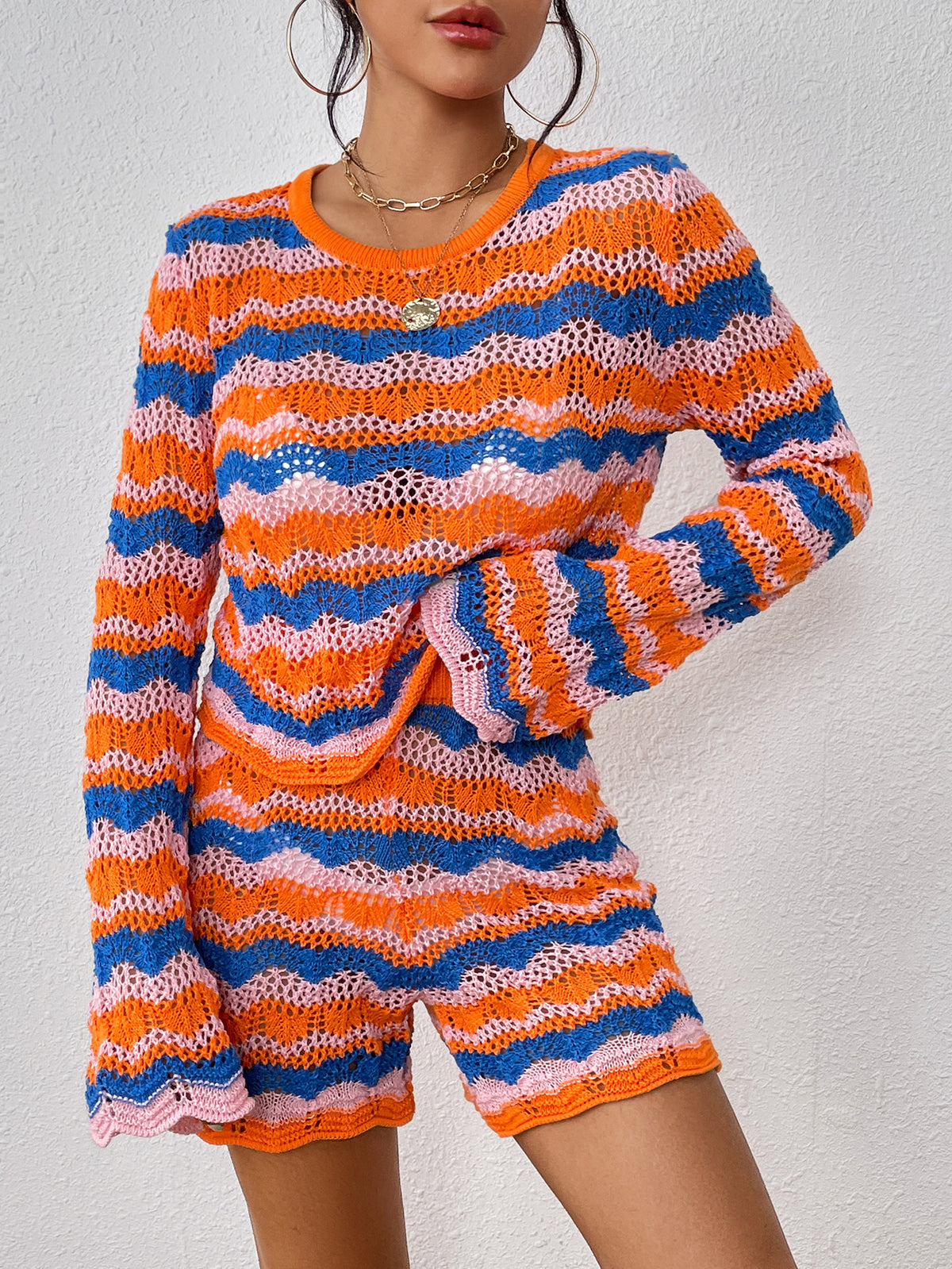 Autumn Winter Stitching Knitwear Loose Color Round-Neck Striped Sweater Two-Piece Set