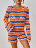 Autumn Winter Stitching Knitwear Loose Color Round-Neck Striped Sweater Two-Piece Set