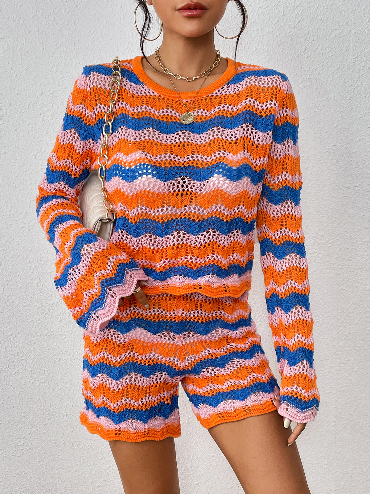 Autumn Winter Stitching Knitwear Loose Color Round-Neck Striped Sweater Two-Piece Set