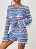 Autumn Winter Stitching Knitwear Loose Color Round-Neck Striped Sweater Two-Piece Set