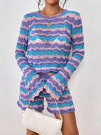 Autumn Winter Stitching Knitwear Loose Color Round-Neck Striped Sweater Two-Piece Set