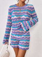 Autumn Winter Stitching Knitwear Loose Color Round-Neck Striped Sweater Two-Piece Set