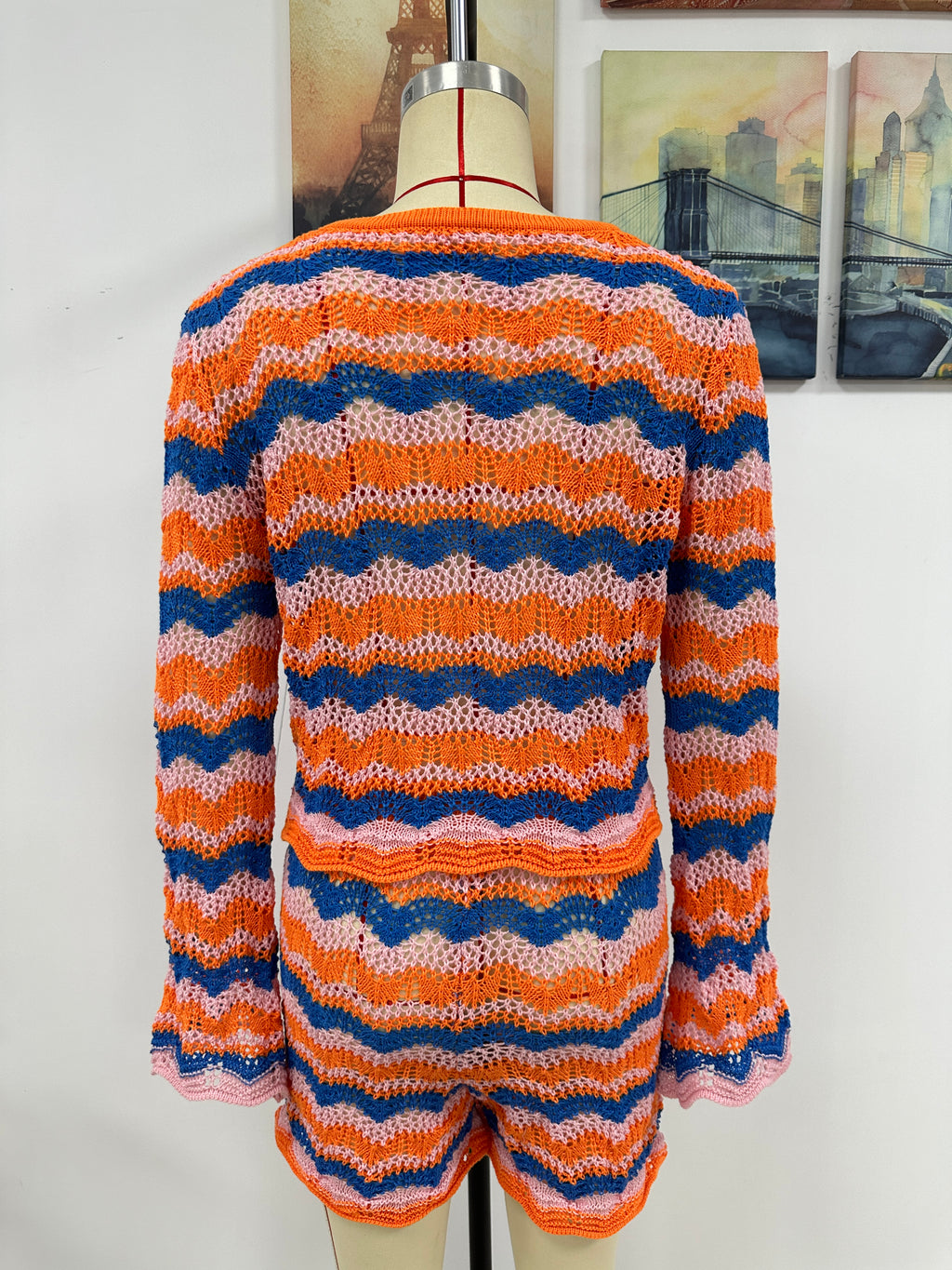 Autumn Winter Stitching Knitwear Loose Color Round-Neck Striped Sweater Two-Piece Set