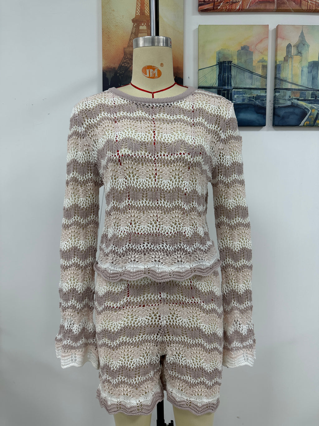 Autumn Winter Stitching Knitwear Loose Color Round-Neck Striped Sweater Two-Piece Set
