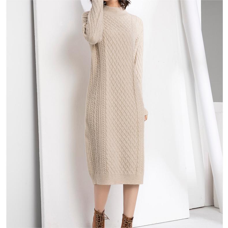 Women's Autumn Winter Half High Collar Sweater Knitted Dress Mid Length