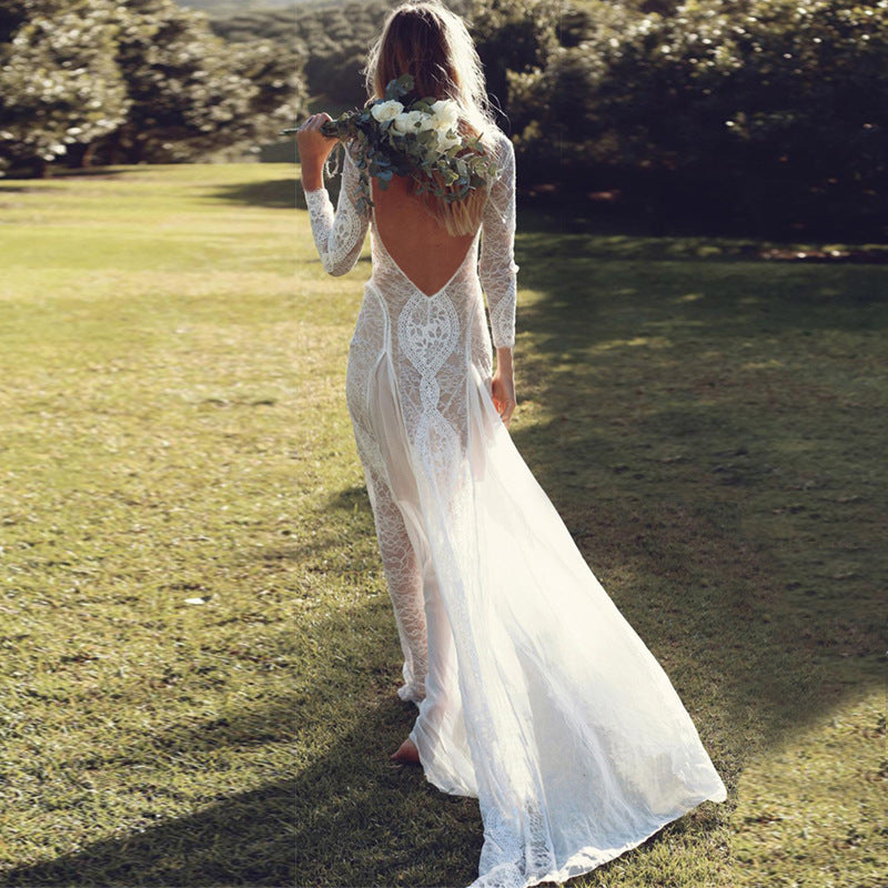 Women's Long-Sleeve Lace Backless Formal Dress