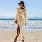Apricot knit long-sleeve maxi dress with openwork texture and side slit