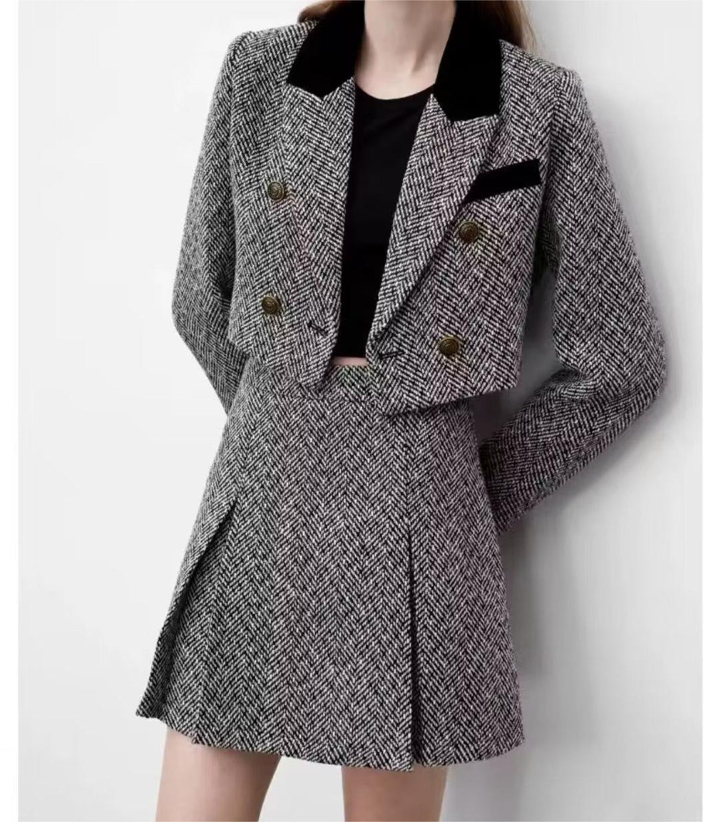 Women's Sweet Round Neck Herringbone Coordinated Two-Piece Set