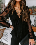 Women’s Lace Bow Strap V Neck Long Sleeve Blouse