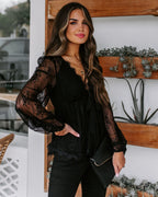 Women’s Lace Bow Strap V Neck Long Sleeve Blouse