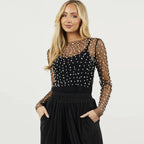 Women's Sheer Mesh Beaded Long Sleeve Top