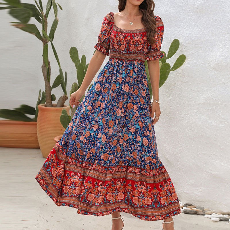 Women's Bohemian Beach Holiday Dress Off Shoulder Puff Sleeve Retro Comfort Dress