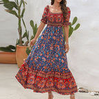 Women's Bohemian Beach Holiday Dress Off Shoulder Puff Sleeve Retro Comfort Dress