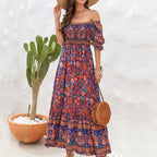 Women's Bohemian Beach Holiday Dress Off Shoulder Puff Sleeve Retro Comfort Dress