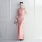 Women's Heavy Beaded Satin plus Chiffon Wedding Dinner Etiquette Dress