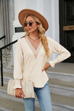 Women's Lace-Trim V-Neck Long-Sleeve Top – Relaxed Blouse