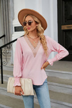 Women's Lace-Trim V-Neck Long-Sleeve Top – Relaxed Blouse
