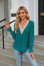 Women's Lace-Trim V-Neck Long-Sleeve Top – Relaxed Blouse