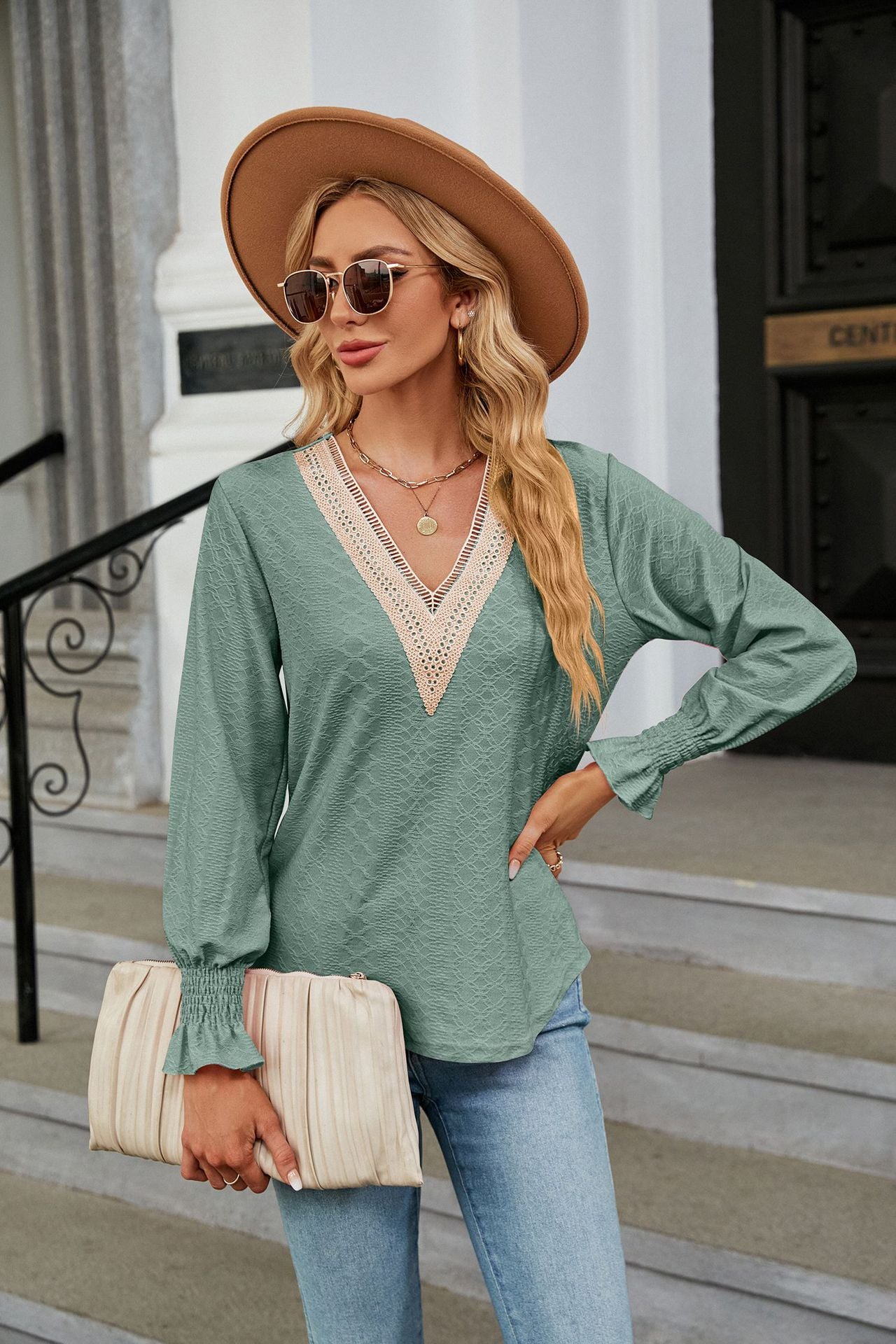 Women's Lace-Trim V-Neck Long-Sleeve Top – Relaxed Blouse