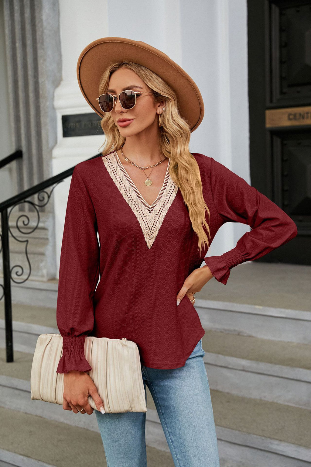 Women's Lace-Trim V-Neck Long-Sleeve Top – Relaxed Blouse