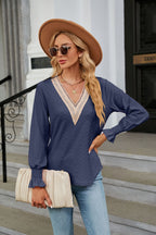 Women's Lace-Trim V-Neck Long-Sleeve Top – Relaxed Blouse