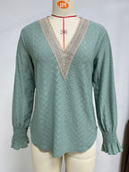 Women's Lace-Trim V-Neck Long-Sleeve Top – Relaxed Blouse