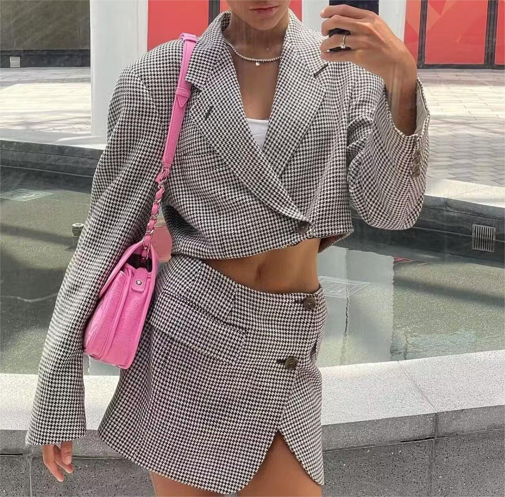Women's French Casual Small Plaid Coordinated Two-Piece Set