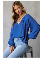 Women's V-Neck Chiffon Blouse – Loose Long Sleeve