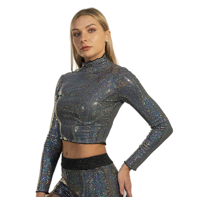Women's Rhinestone Sequin Mock Neck Crop Top