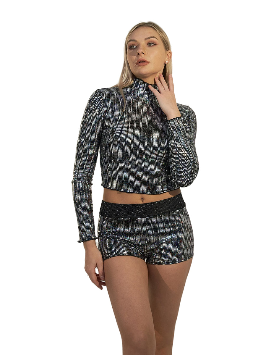 Women's Rhinestone Sequin Mock Neck Crop Top