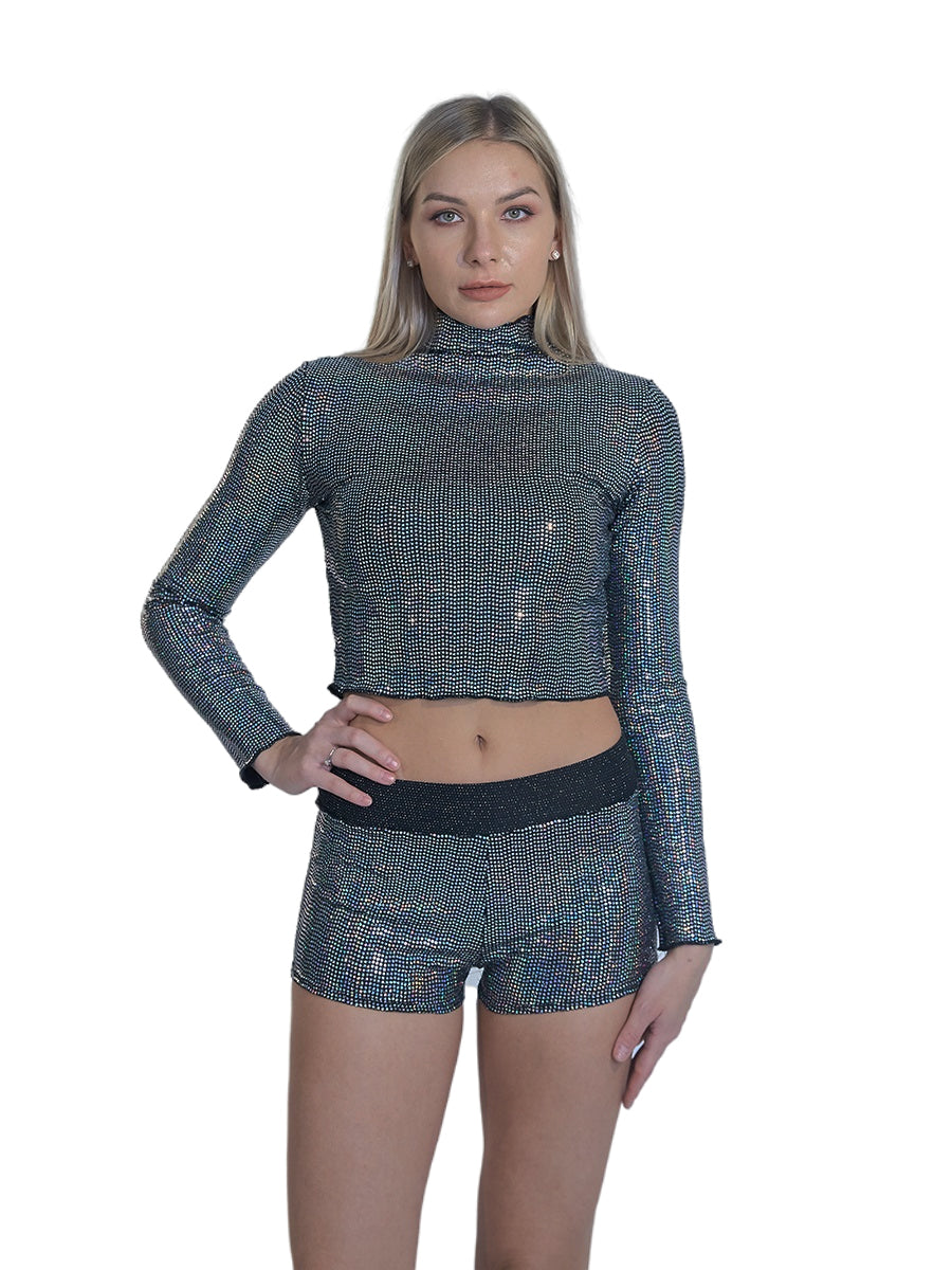 Women's Rhinestone Sequin Mock Neck Crop Top