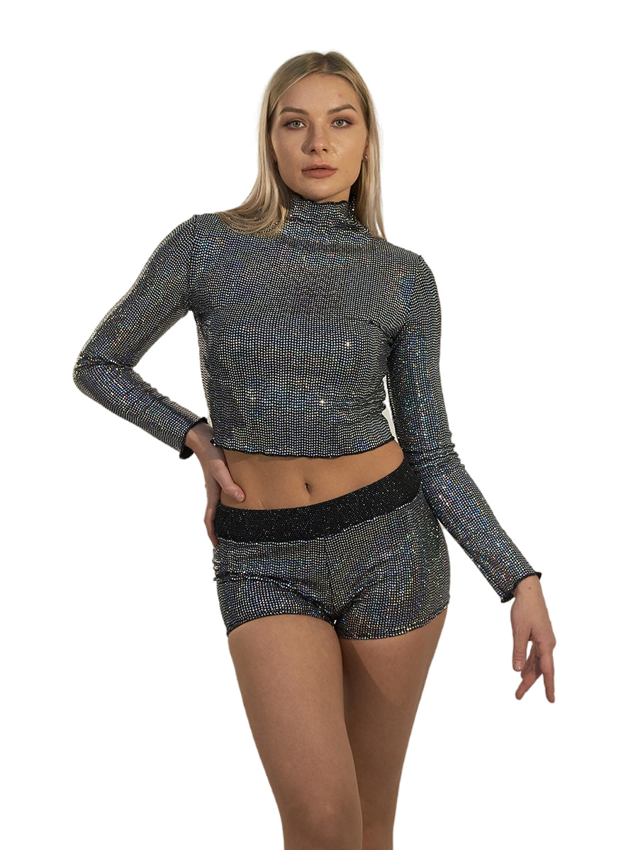 Women's Rhinestone Sequin Mock Neck Crop Top