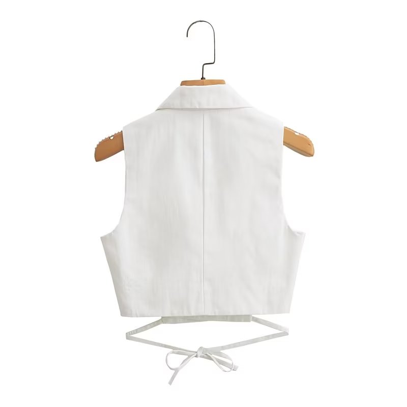 Women's Tailored Collar Sleeveless Lace Up Two Color Blended Vest