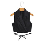 Women's Tailored Collar Sleeveless Lace Up Two Color Blended Vest