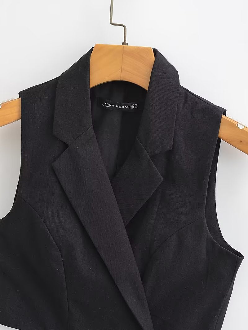 Women's Tailored Collar Sleeveless Lace Up Two Color Blended Vest