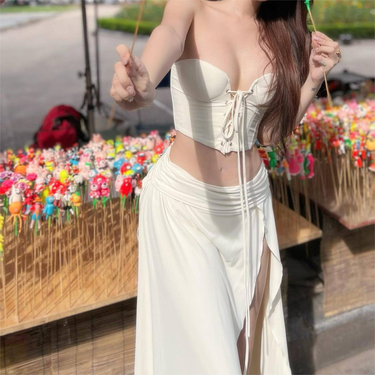 Women's Summer Cropped Wrapped Chest Vest and Skirt Two-Piece Set