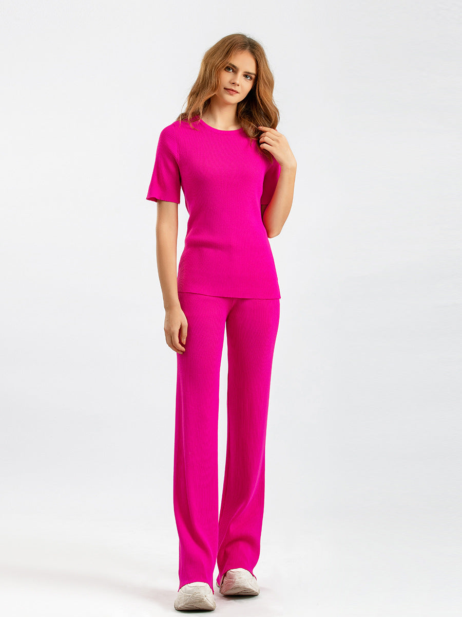 Summer High Elastic Solid Color Round-Neck Knitted Short-Sleeve Waist Slimming Two-Piece Set