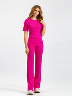 Summer High Elastic Solid Color Round-Neck Knitted Short-Sleeve Waist Slimming Two-Piece Set