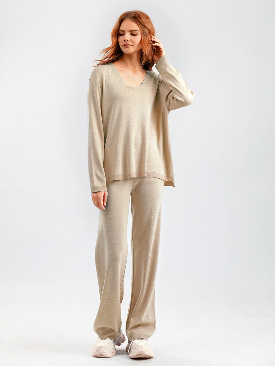 Solid Color V-Neck Ice Silk Suit Spring Autumn Loose High-Waisted Casual Sweater Two-Piece Set