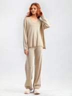 Solid Color V-Neck Ice Silk Suit Spring Autumn Loose High-Waisted Casual Sweater Two-Piece Set