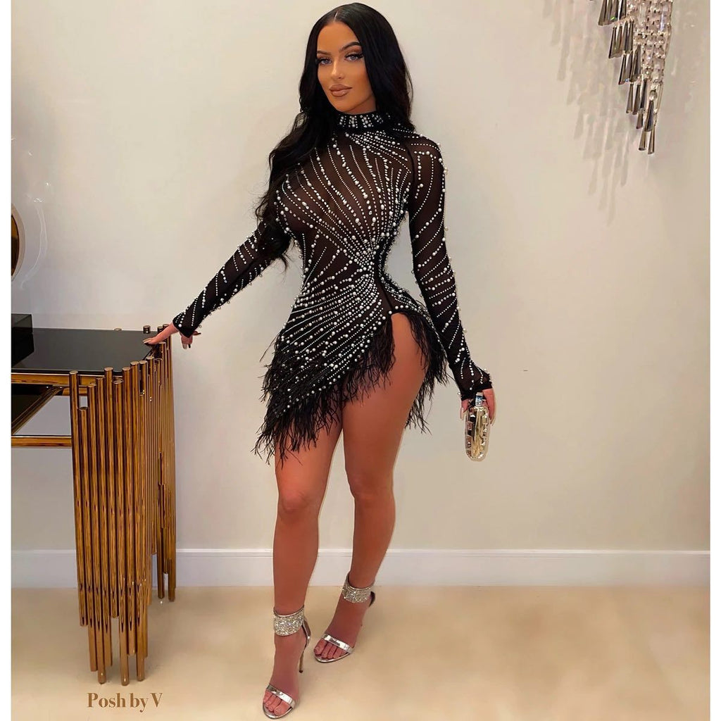 Rhinestone Cutout Tight Mesh Woolen Dress
